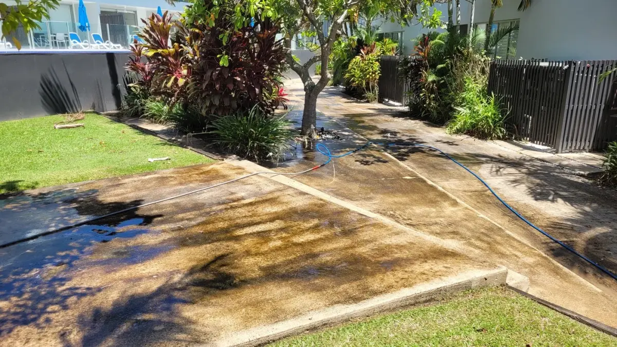 Concrete path before pressure cleaning — algae and dirt buildup